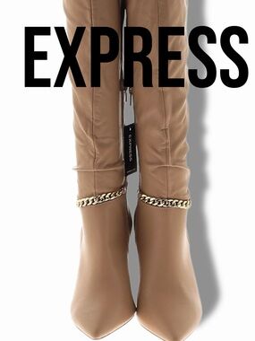 Express Tan Knee-High Boots with Gold Chain Accent